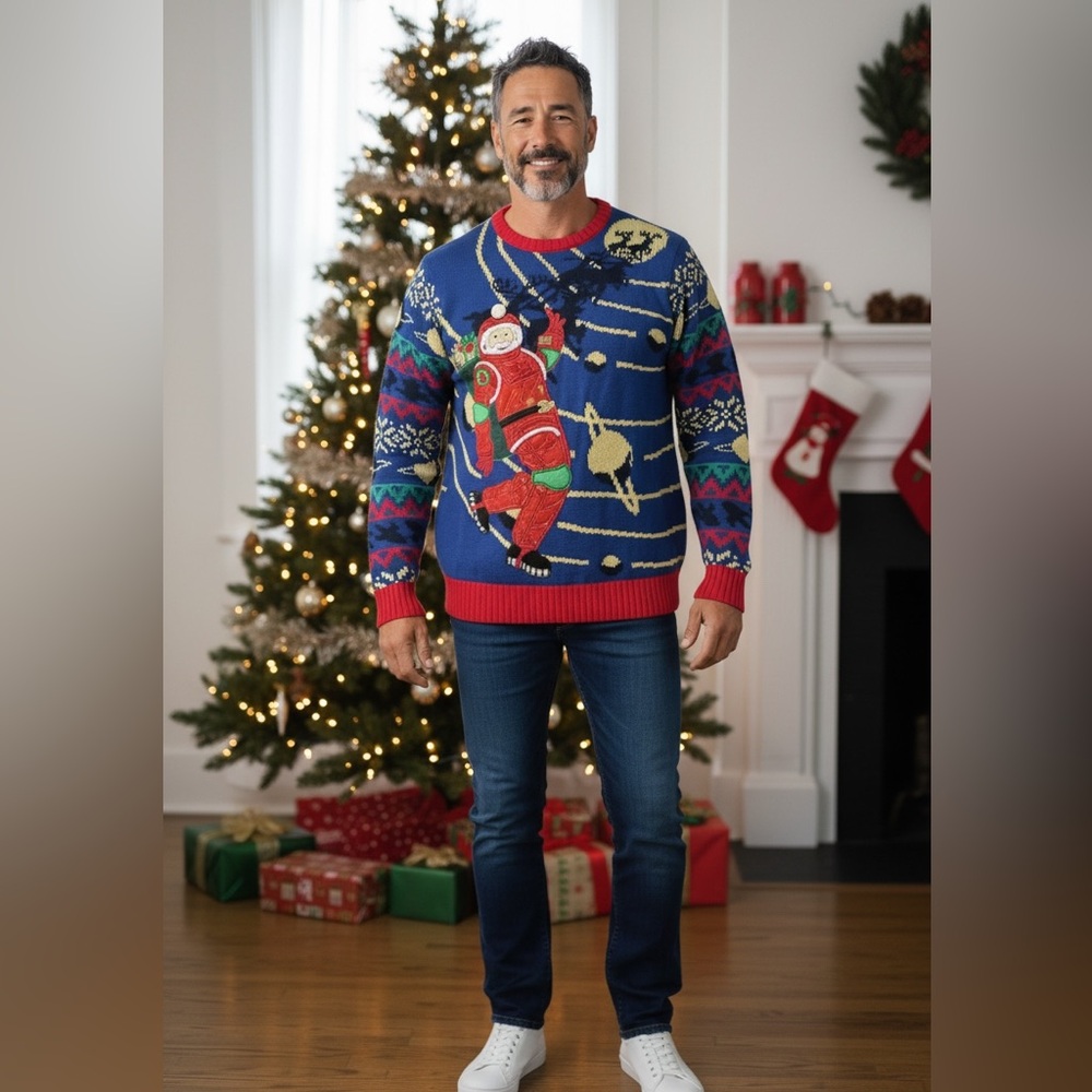 Men’s Ugly Christmas Sweater –‎ Santa Astronaut Celebrate Together Medium